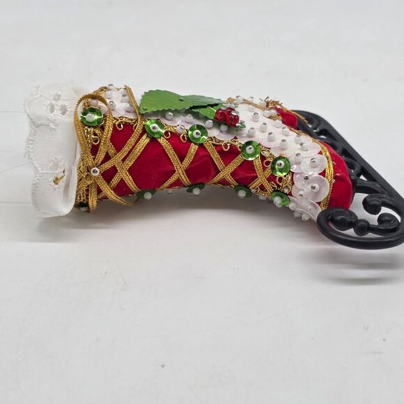 Christmas Ice Skate Boot Sleigh Ornament With Bead Sequins & Lace - Picture 3 of 6